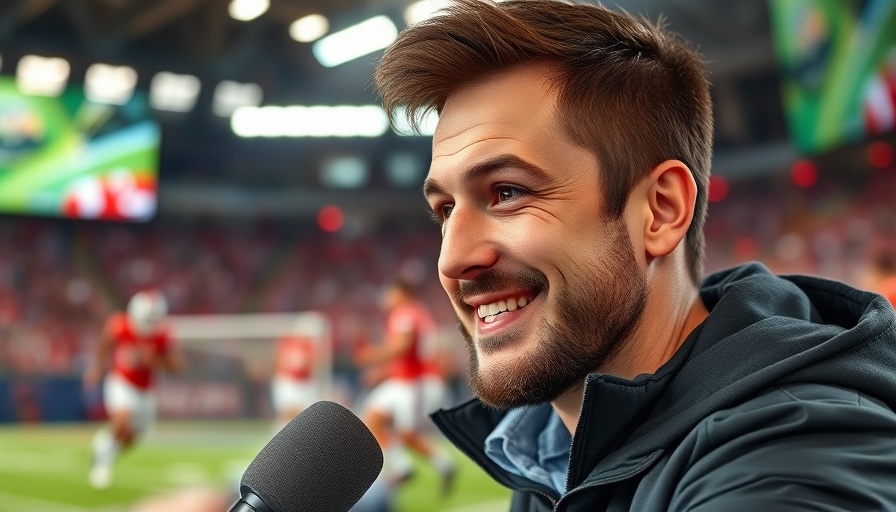Confident announcer engaged in sports commentary, AI sports betting theme.