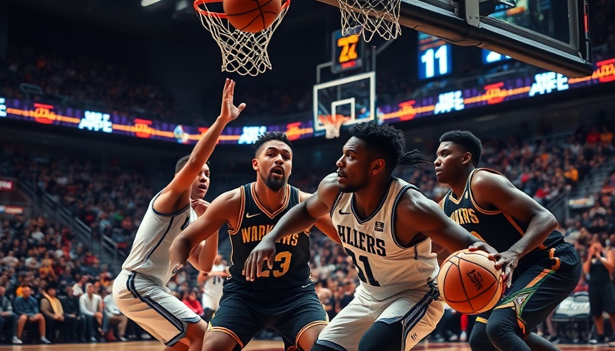 Intense basketball game scene with players competing, dynamic action, AI sports betting.