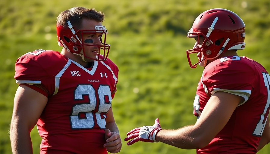 Football players in red jerseys talking during practice.