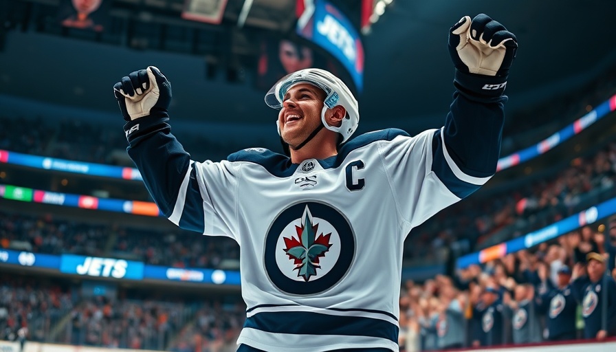 Winnipeg Jets player celebrates a goal in a packed arena, cinematic photo.