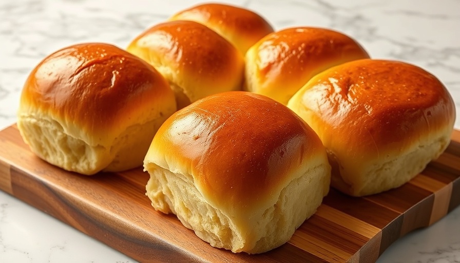 Golden Hawaiian rolls on wooden board, close up.