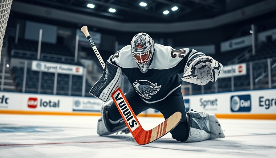 Intense hockey goalie defending the goal in a lively ice rink.