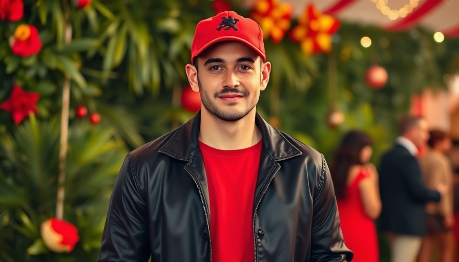 Man at Atlanta event in black jacket and red cap, colorful backdrop.