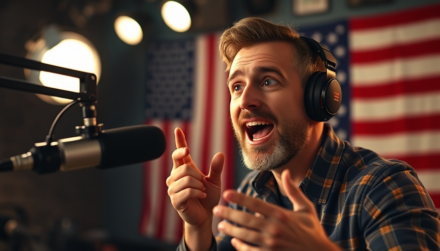 Expressive man speaking in a podcast studio with American flag.