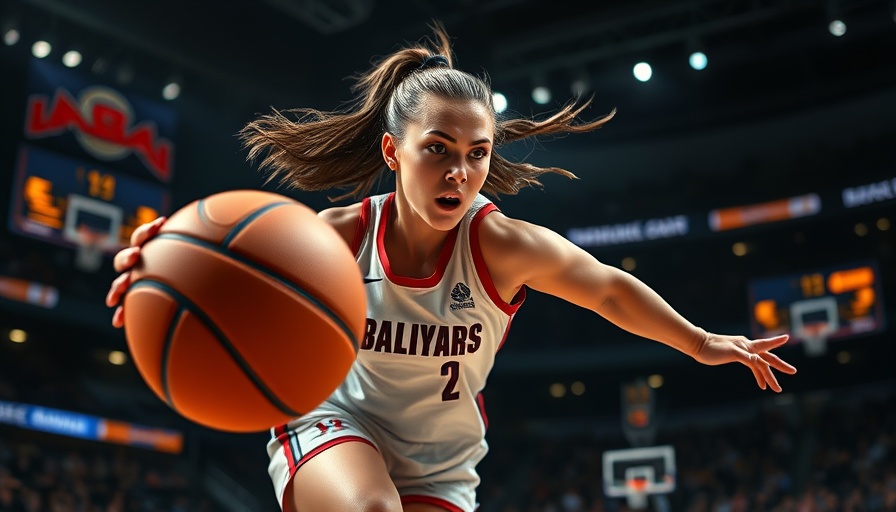 Energetic basketball player dribbling with dynamic text overlay.
