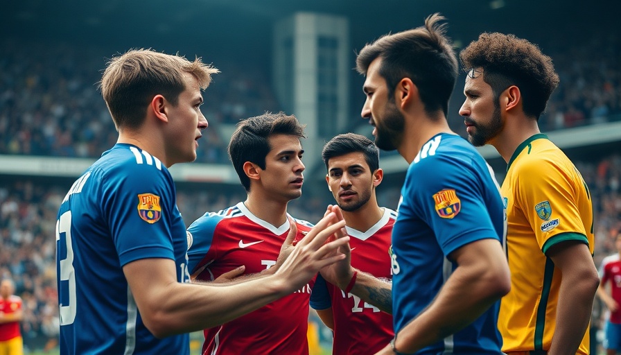Intense soccer match confrontation with players and referee, AI sports betting.
