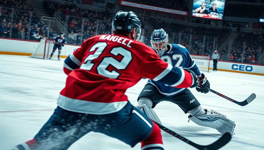 Intense ice hockey match action with players in red and blue