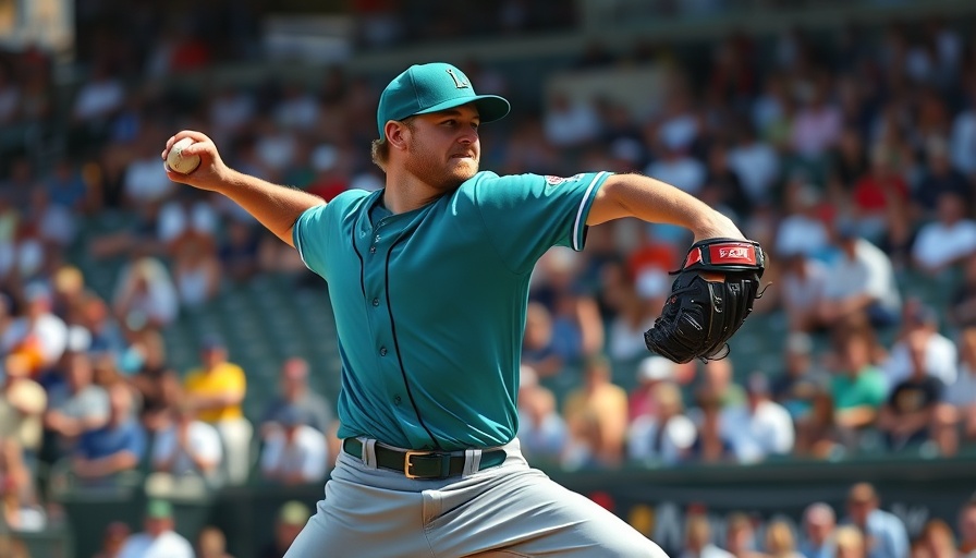 Underrated baseball pitcher in teal uniform mid-pitch, dynamic action.