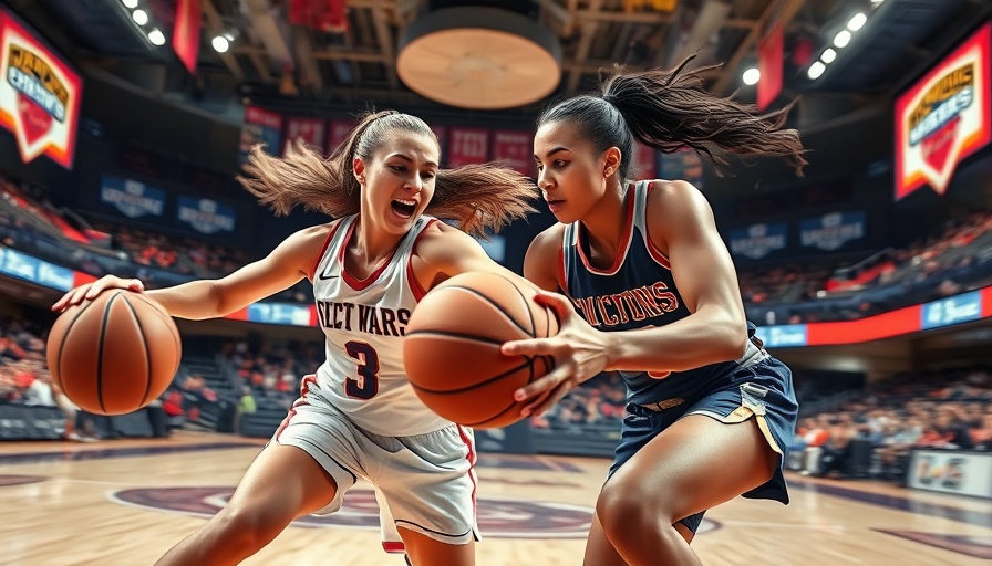 Intense basketball play with sports graphics and logos for AI sports betting.