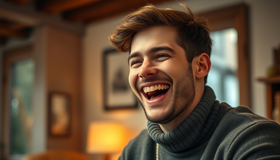Joyful young man laughing indoors, warm setting.