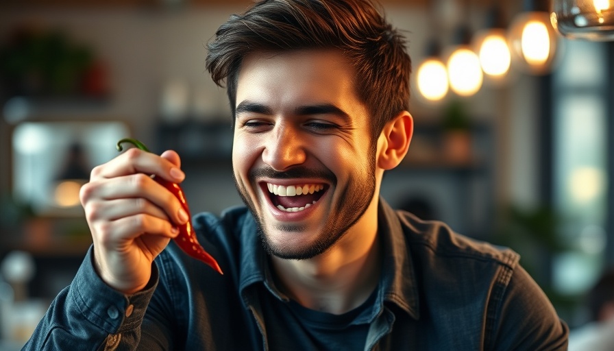 Young man enjoying a spicy pepper, laughing, in a warm indoor setting.