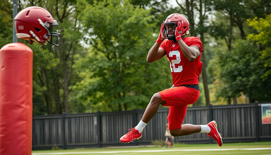 Football player practicing catching on a field, AI sports betting.