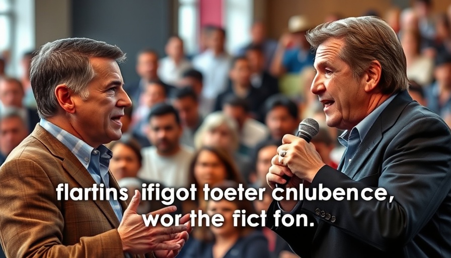 Debate scene with crowd and text, college ideological indoctrination.