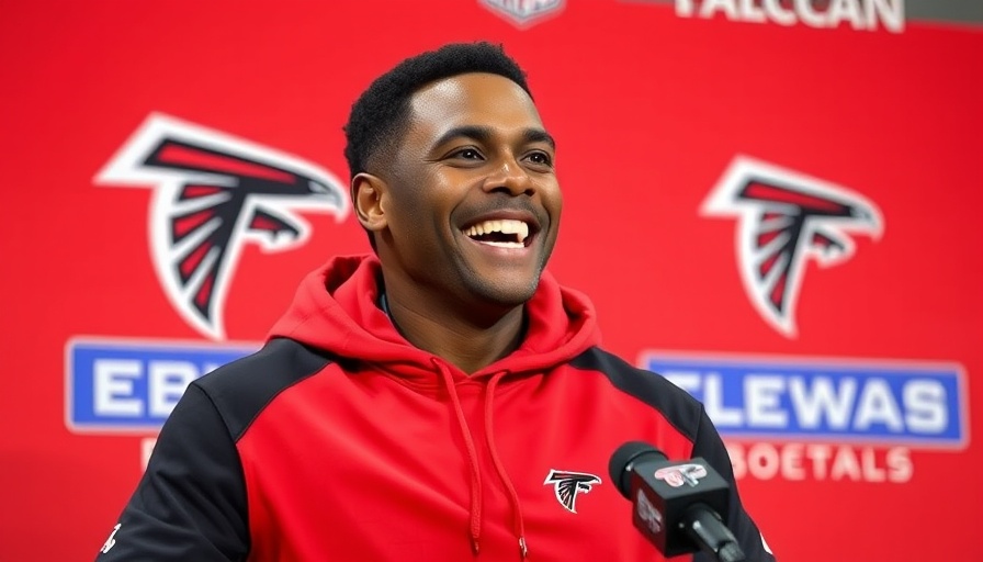 Atlanta Falcons Showdown Against Tampa Bay Buccaneers press event backdrop with speaker.