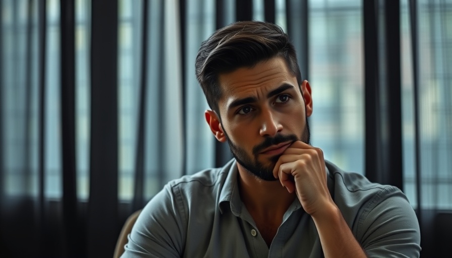 Thoughtful man sitting against dark curtain, reflective moment.