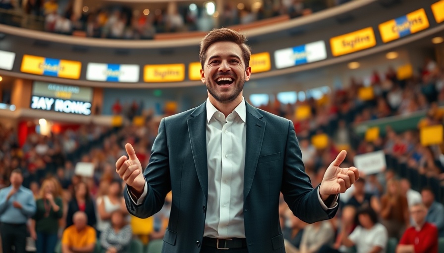 Confident presenter in sports studio with AI sports betting.