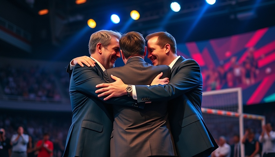 AI sports betting themed celebration with men embracing on stage.