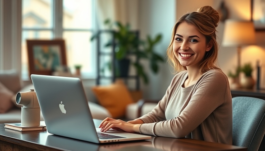 Smiling woman at desk with 'Cracker Barrel is Important!' text on laptop.