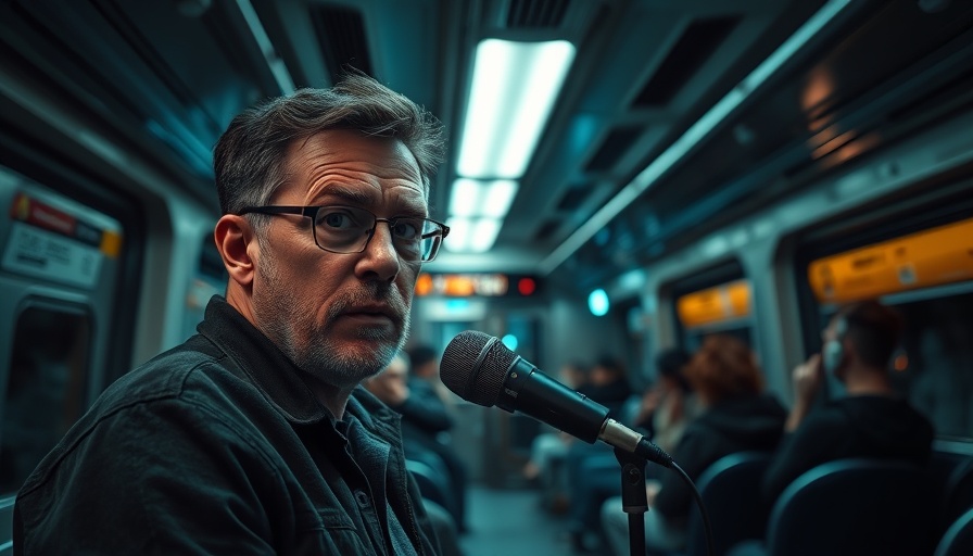 Man discussing public transit safety in a cinematic podcast setting.