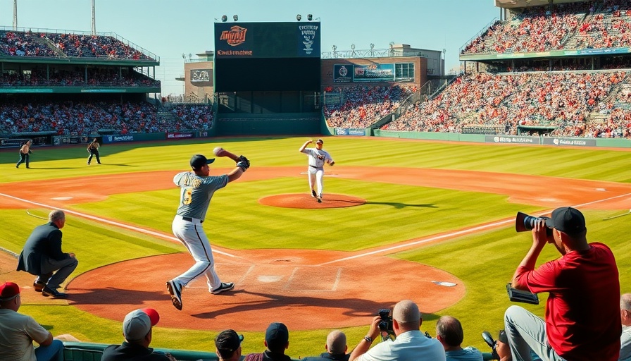 Baseball player pitching captured by photographers in a lively stadium.