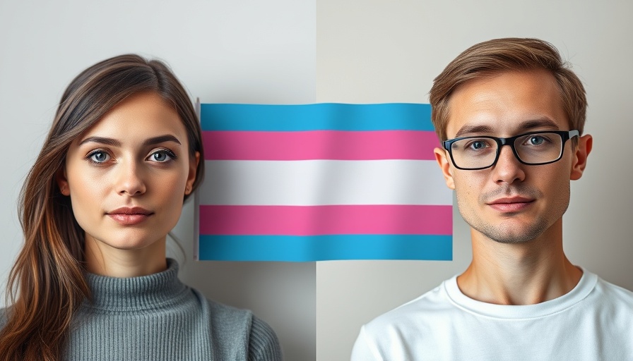 Two individuals with a transgender pride flag between them.