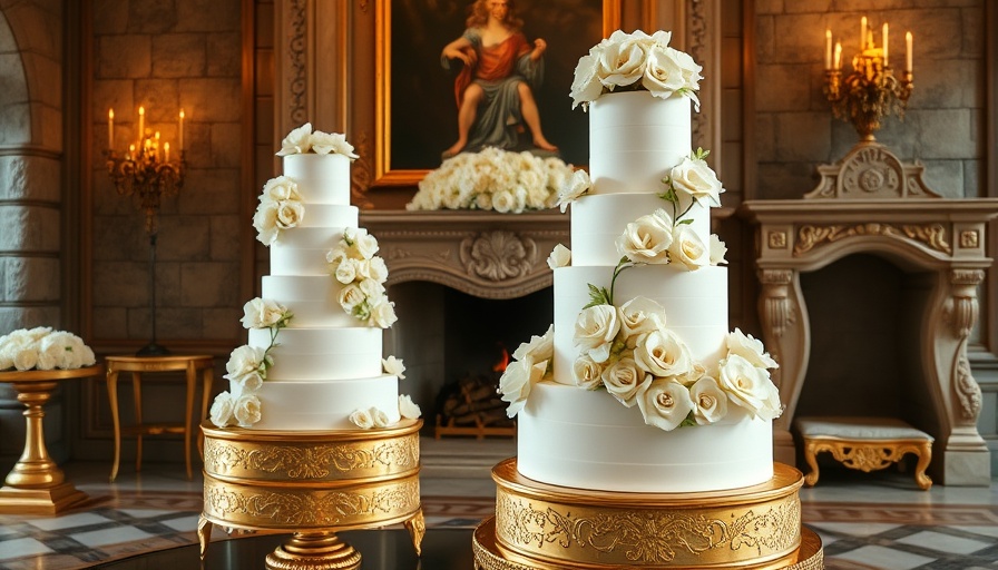 Elegant royal wedding fruitcake with white flowers on gold stand.