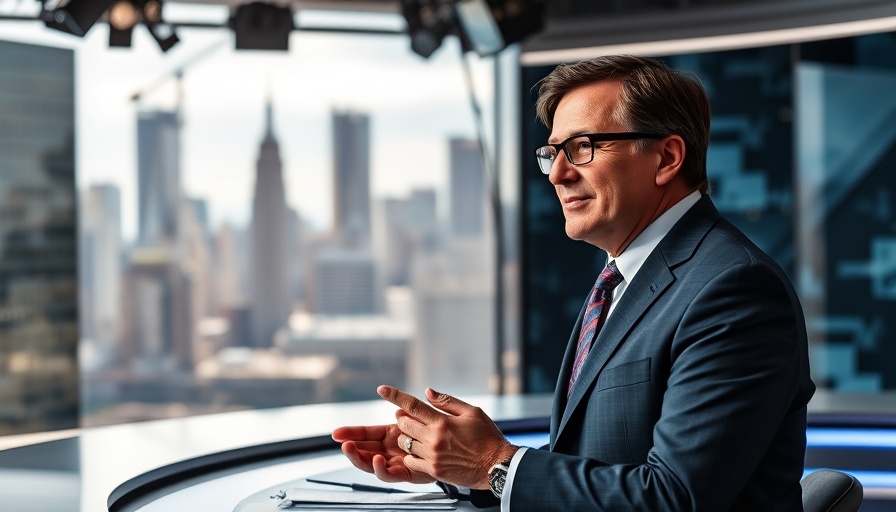 News anchor discusses topic in studio with cityscape background.
