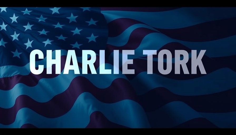 Charlie Kirk text over American flag background, deep blue tones.