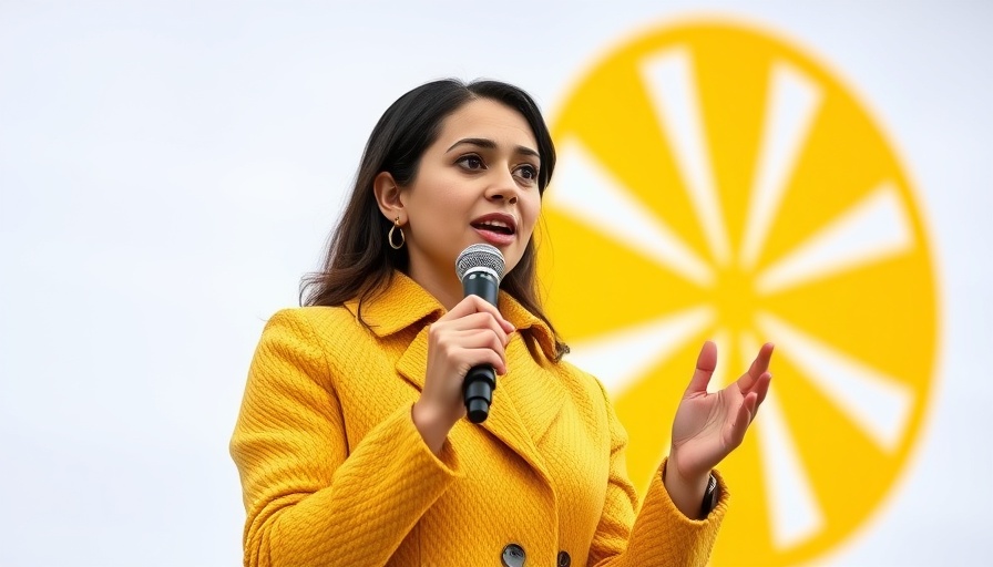 Confident woman speaking at a conference in a yellow jacket.