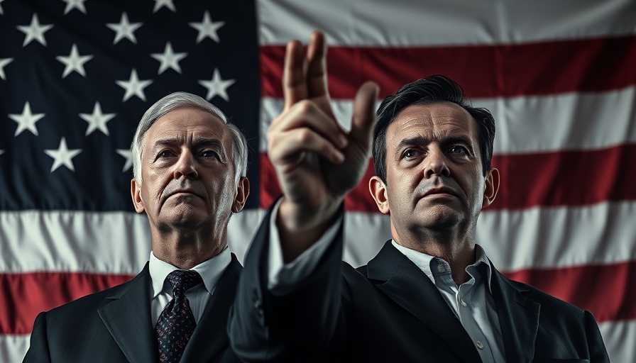 Dramatic scene with two men and American flag representing faith's role in conservative values.