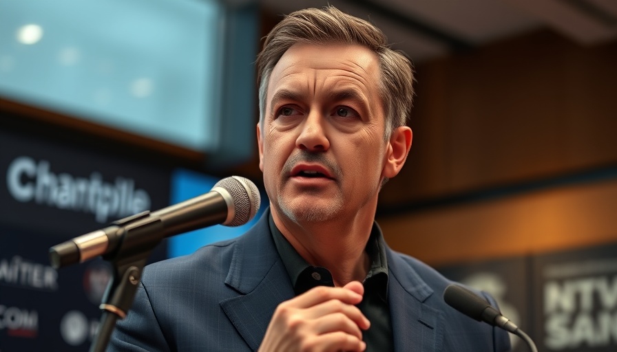 Man speaking into microphone during podcast, serious expression.