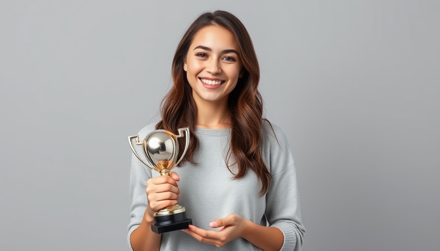 Young woman smiling with a trophy in a studio setting.