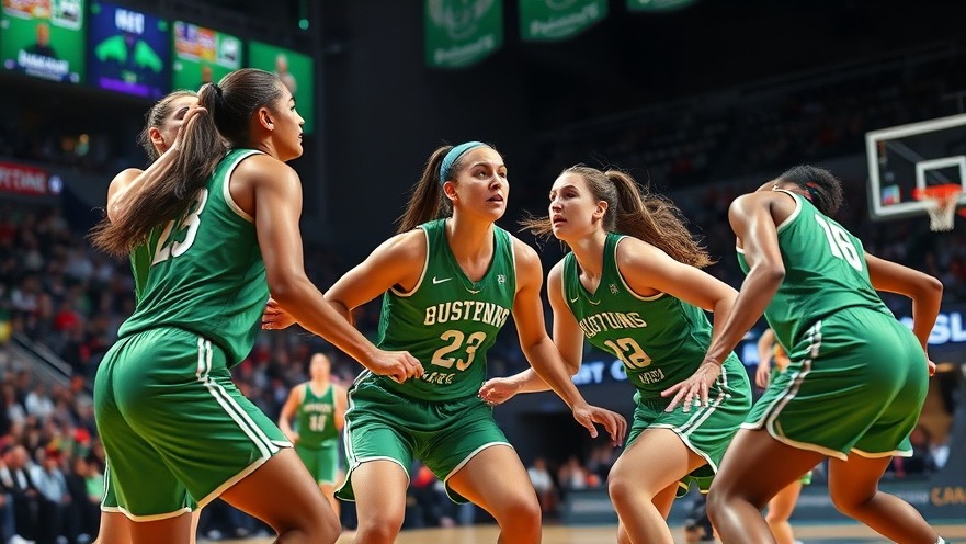 Intense women's basketball game showcasing athleticism, with vibrant colors and dynamic action.