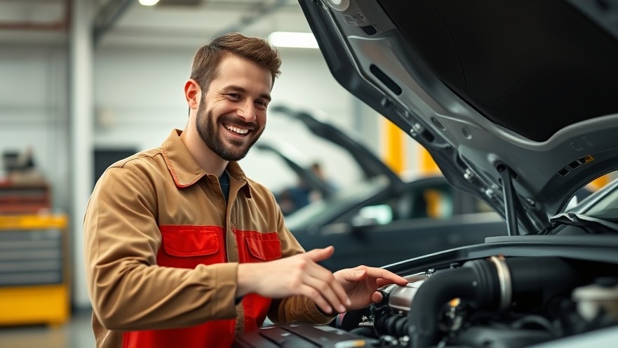 Male mechanic smiling, explaining engine components in a garage, showcasing engine misfire solutions.