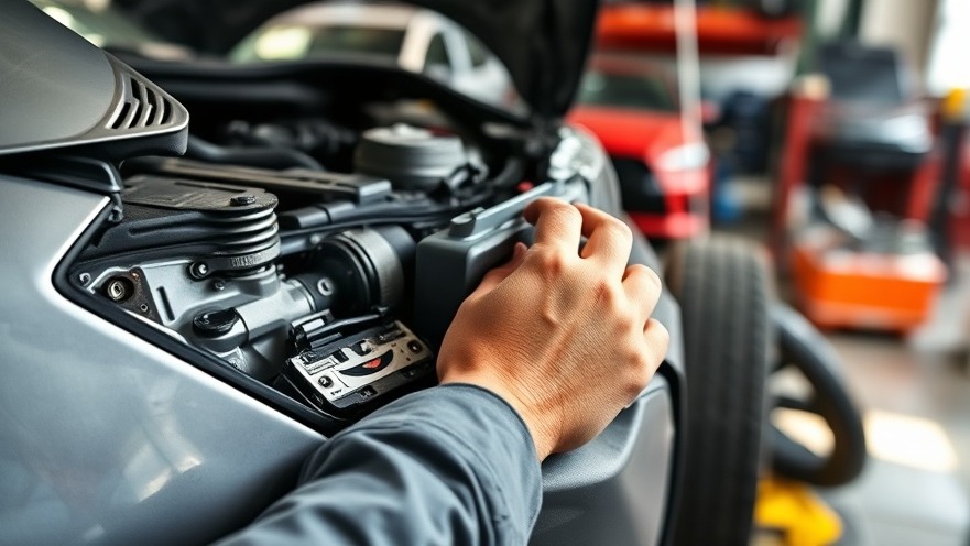 Detailed view of mechanic inspecting car fuse box, highlighting repair work.