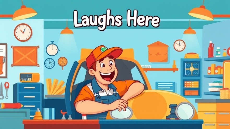 Friendly mechanic sharing automotive humor in a vibrant repair shop.