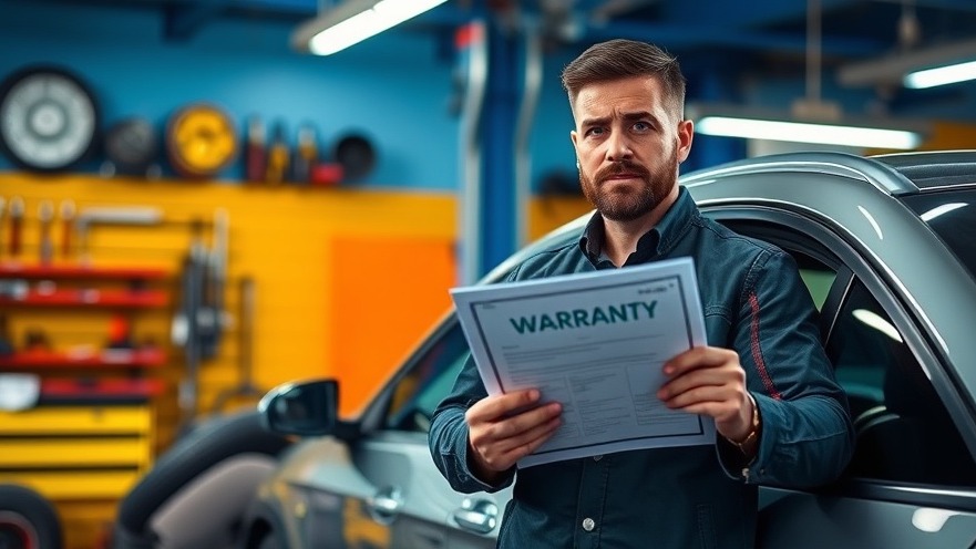 Concerned driver holding warranty in auto repair shop, emphasizing warranty matters.