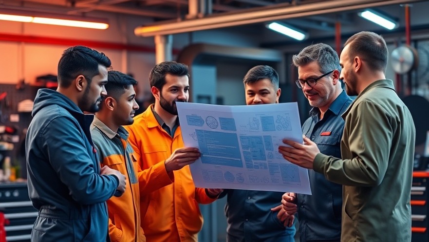 Diverse auto repair team discussing a service model for operational efficiency.