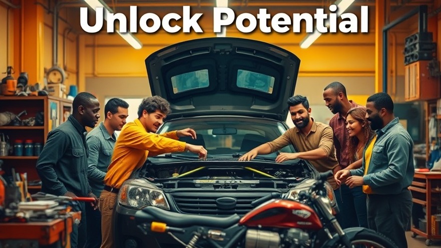 Diverse mechanics collaborating at an auto shop, promoting back-to-school car safety.