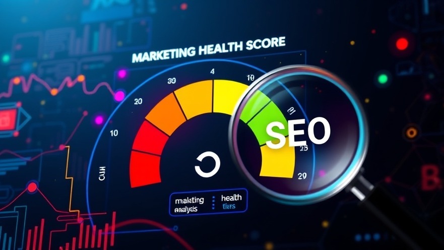 Vibrant digital marketing health score meter emphasizing online presence and SEO.
