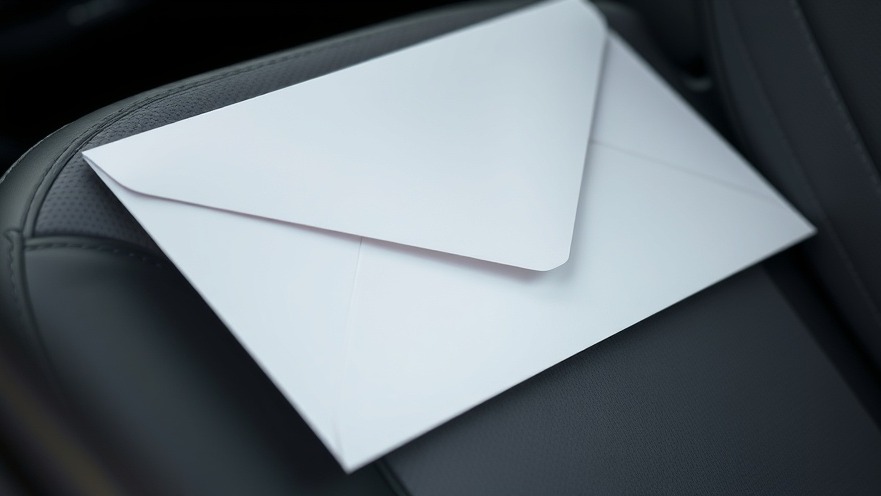 Plain white envelope on a gray car seat, reminding to stay alert for carjacking scams.