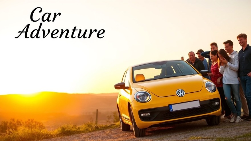 Cheerful car enthusiasts gather around a rare yellow Volkswagen Lupo in sunset.