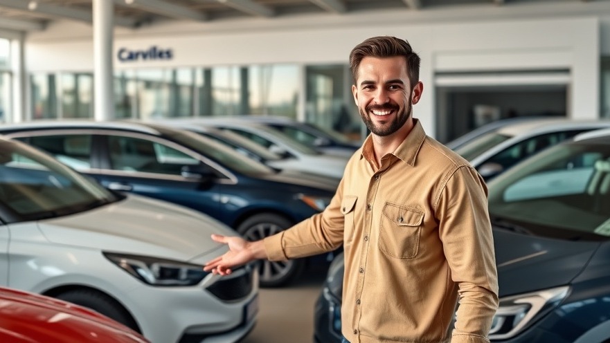 Smiling man points at Toyota hybrids in modern dealership, showcasing electric car infrastructure.