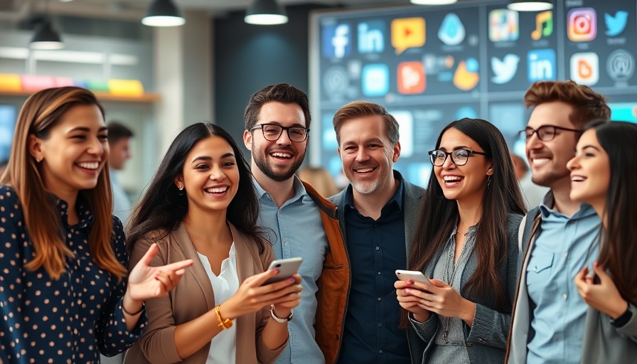 Young professionals discussing reputation management in business surrounded by social media icons.