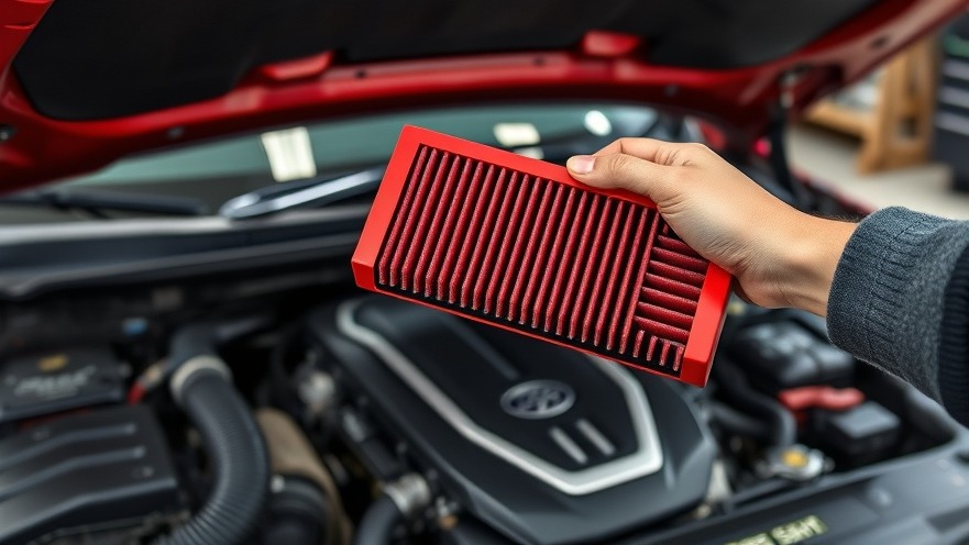 DIY car maintenance strategies: a bright red air filter and engine details.