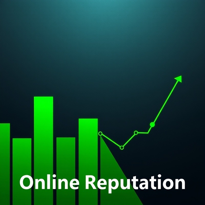 Online reputation stats graphic with green bar graph on a dark background.