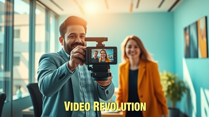 A confident man filming his video resume in a modern office, showcasing recruitment trends.