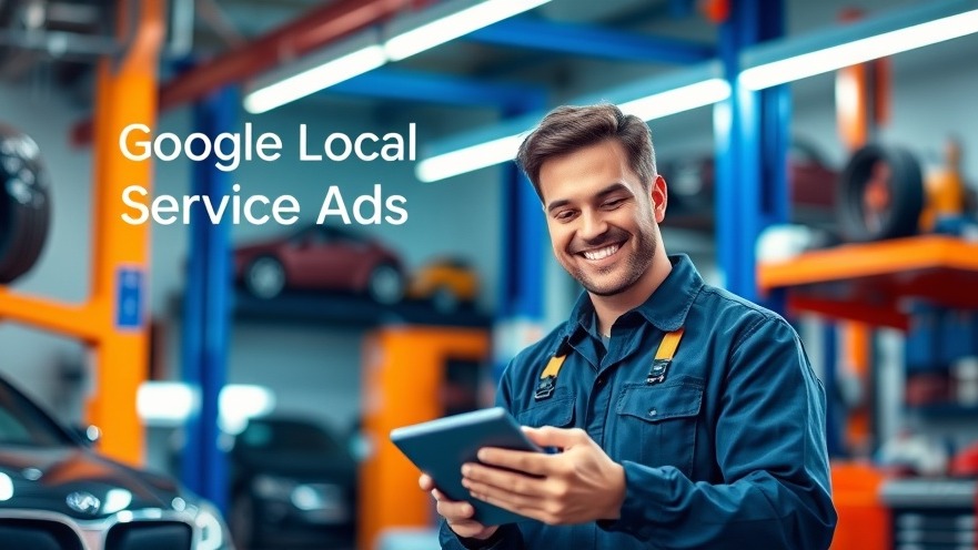 Mechanic using digital device in auto repair shop for cost-efficient advertising via Google Local Services Ads.