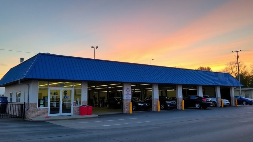Family-owned auto shop at sunset with blue roof and open bays