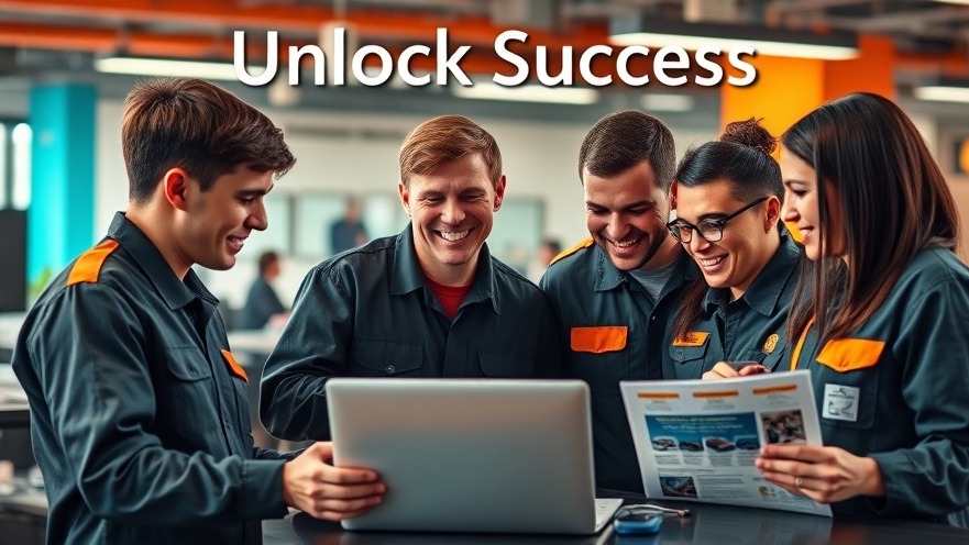 Diverse automotive technicians brainstorm marketing tips for small businesses in a vibrant office.